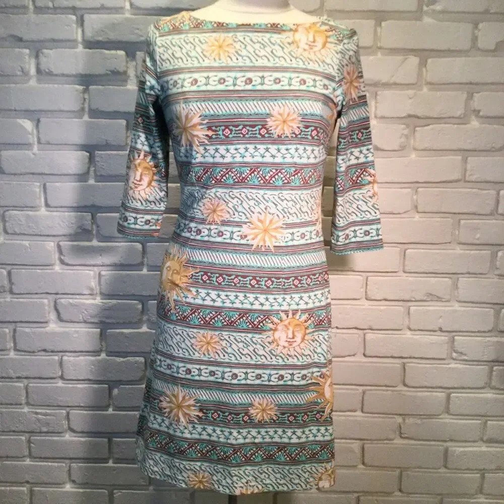 J. McLaughlin 3/4 Sleeve Boat Neck Dress in Sun Medallion Small